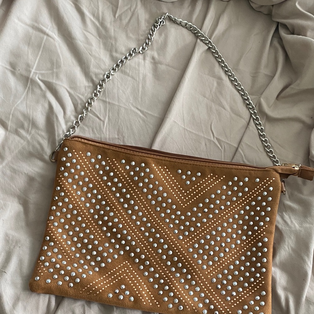 Studded Tan Clutch with Chain Strap